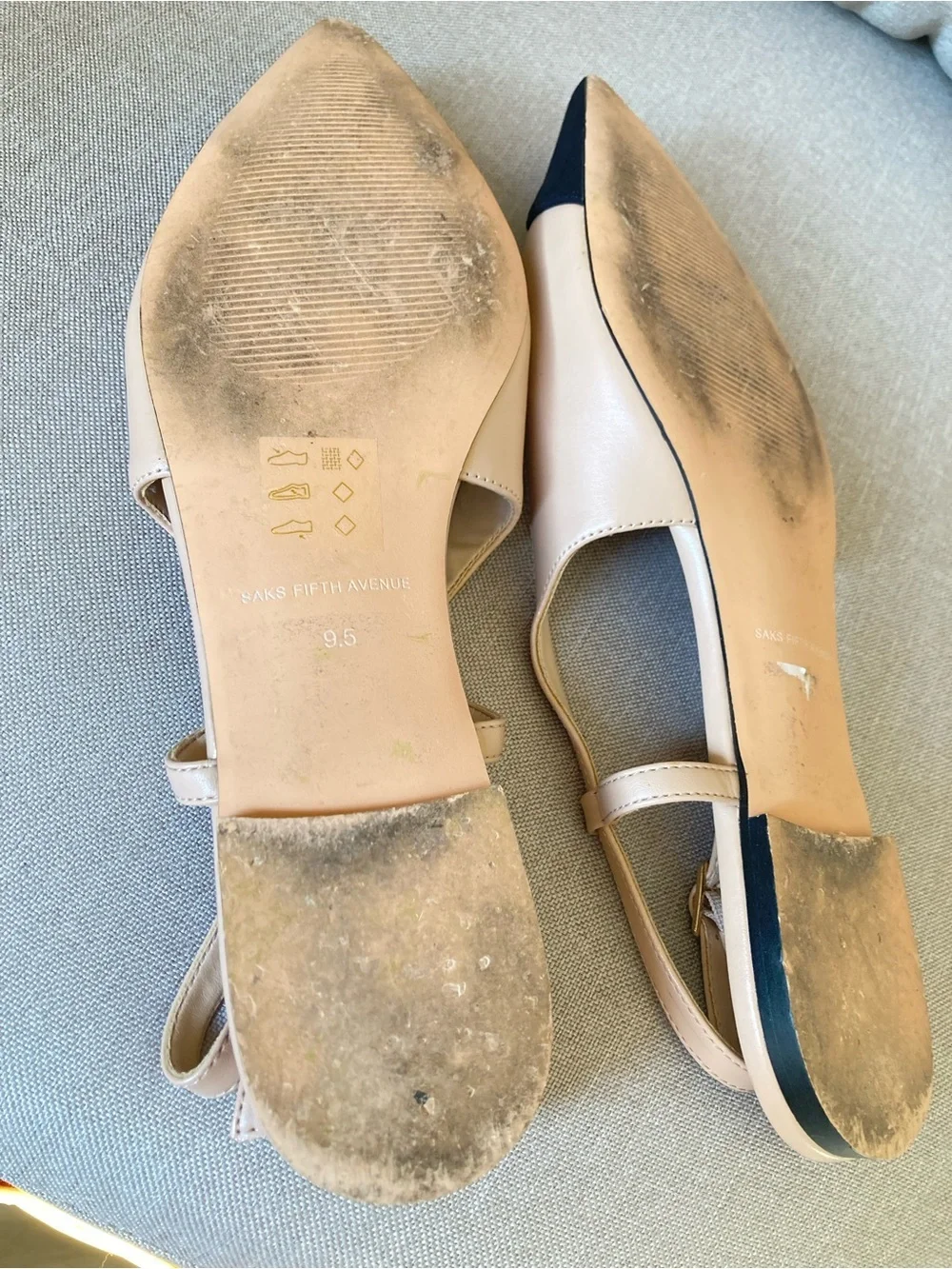 Saks Fifth Avenue Cap Toe Slingback Flats Nude Black Pointed Toe Shoes 9.5